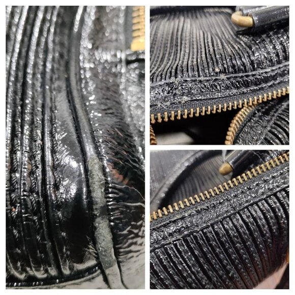 Elliott Lucca Black Patent Leather Handbag With Gold Accents Double Handle Bag - Picture 12 of 15